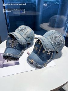 New Style Rhinestone Hole Denim Baseball Cap Women Summer Korean Retro Duckbill Hat Shopping Sun Protection Cap Casual round Top