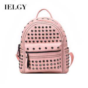 IELGY Ladies Fashion Rivets Soft Leather Texture Solid Color Backpack Casual Backpack