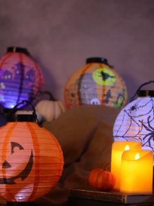 Happy Time Halloween Paper Pumpkin LED Hanging Light Horror Bat Home Decoration Halloween Portable Hanging Lanterns DIY Decor