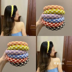 French Style Spring Summer Fresh Plaid Sponge Hairband Womens Wide Edge Headband Fashionable Tourist Daily Pearl Embellished