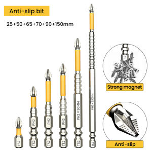 Phillips Magnetic Screwdriver Bit Set 25/50/65/70/90/150mm Non-Slip Impact Drill Bit 1/4 Inch Hexagonal Shank for Electric Drill