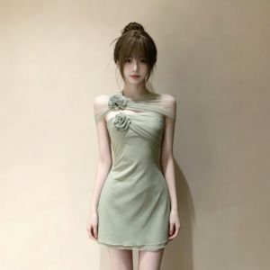 CHANGTONG | Đầm Bodycon Dây Kéo Một Vai Phong Cách Pháp