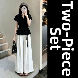 LIRUSHAN | Commuter Stylish Black V-Neck Short Sleeve Top And Wide Leg Pants Set