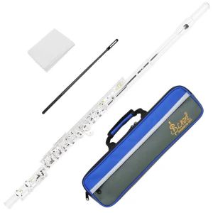 SLADE 16 Holes Flute C Key White Copper Silver Plated Curved Flute Woodwind Instrument with Cleaning Tools for Flute Performance