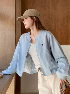 Blue Korean Style Sweet Cool Fashion Lace Lined Casual Jacket Womens Spring New Loose Personality Coat Zipper round Neck Short