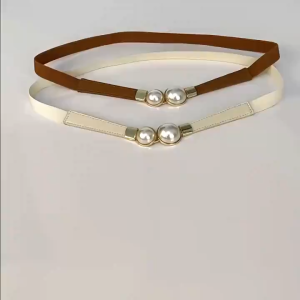 1PC Women Double Pearl Belt PU Leather Dress Skirt Waist Elastic Thin Waistband