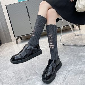 2024 New Retro Fashionable Genuine Leather Woven Hollow out Toe Sandals Women Summer Flat Bottom Roman Shoes Low Heel Rubber Sole