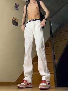 American Style Retro Smoke Grey Mens Jeans Straight Leg Bell Bottoms High Street Slimming Cleanfit Casual Wear Denim Pants