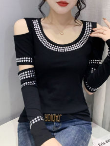 Cut Out Tops Womens 2024 Fall and Winter New Design Sense Niche Style off-the-Shoulder Long Sleeves T-shirt Temperament Crew Neck Bottoming Shirt