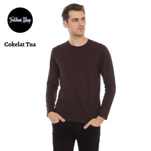 Kaos Polos Pria Oneck Lengan Panjang Bahan Katun Combed 30s Warna Cokelat Tua