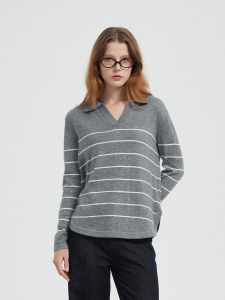 Petit Bari | Fashionable Collar Striped Knitwear Women Top Washable
