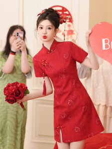 Red Cheongsam Wedding Dress Womens Style New Chinese Customary Marital Clothes Short Sleeve Midi Length Cheongsam Gown