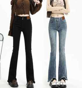 กางเกงยีนส์ทรงขาบานเอวสูงสำหรับผู้หญิง กางเกงขายาวทรงขาบานทรงขากระต่ายสีดำ กางเกงขายาวทรงขาบานแบบเปิดด้านข้าง