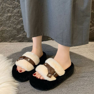 Thick Sole Fluffy Slippers Female 2024 New Arrival Winter Wear Fashion Velvet Padded Cotton Slippers Fancy Plaid Fluffy Shoes