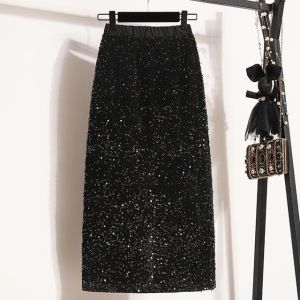 Shiny Sequin Mid-Length A-Line Skirt High Waist Womens Spring New Style Flashing Glittery Commute Friendly Skirts