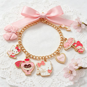 Sanrio | Hello Kitty My Melody Zinc Alloy Bracelet - Pink Enamel Charms Gold Plated Chain Adjustable OT Clasp Fashion Jewelry