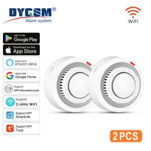 2 Pack Tuya Smart WiFi Smoke Detector With Real-Time APP Alerts Wireless Fire Sensor Alarm 85dB Sound for Home/Office