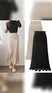Fall New Womens Knit Boho Hollow Out Lace A-Line Skirts Fashion High Waist Knitted Bodycon Long Skirts Elegant Womens Clothing