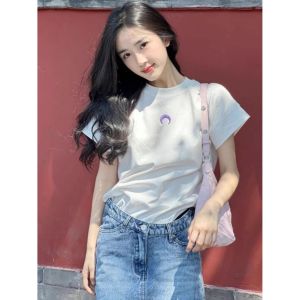 Áo Thun Cotton Trắng Thêu Mặt Trăng Tay Ngắn Mùa Hè Cho Nữ Cổ Tròn Ôm Vừa Vặn Vai Áo Ngắn