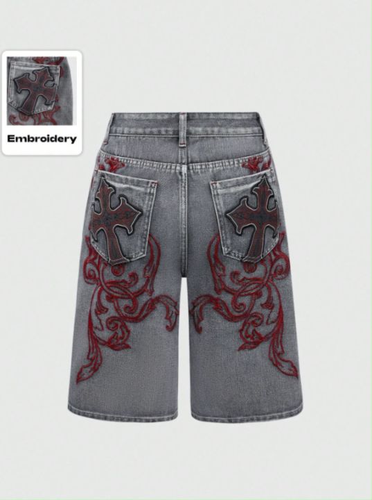 Bermuda Shorts Jorts High Waist Denim For Women  Embroidered Cross Design