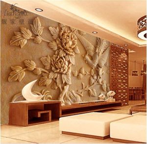 Chinese Style Peony Flower Bird Wallpaper Wood Carving Relief Living Room Wall Paper 3D Plant Flower Ancient Style Wall Cloth