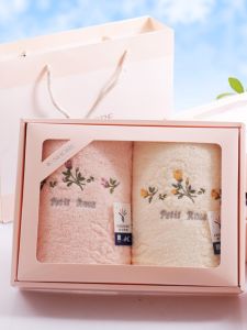 Gold Pure Cotton Adult Towel Two-Piece Gift Box Thick Embroidery Rose Wedding Birthday Party Return Gift Customizable Logo