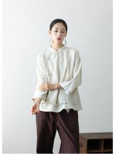 เสื้อยืดโยคะแขนยาวคอตั้งผ้าฝ้ายลินินสไตล์จีน ชุดชา แขนยาวหลวมๆ ลำลอง ชุดโยคะ ชุดแฟชั่นฤดูใบไม้ผลิและฤดูใบไม้ร่วง