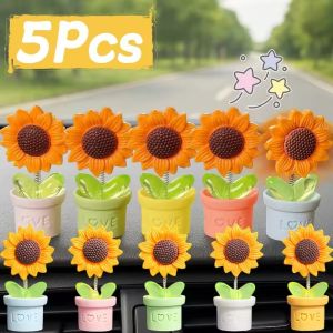 5PCS Swaying Sunflower Car Ornaments Simulation Pot Plant Shake Head Car Center Console Decorations Fresh Small Flower Pot Cute Ornament