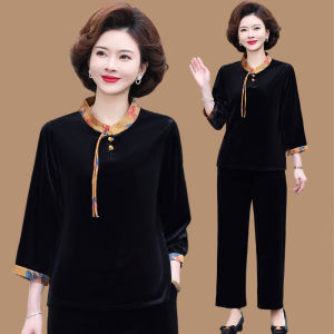 New Chinese Style Velvet Set for Mom Autumn Fashionable Sweater Loose Fit Long Pants Polo Collar Two Piece Set for Middle-Aged Women