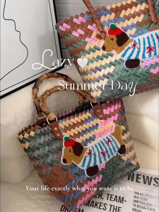 Handwoven Tote Bag Women Handmade Straw Bag Cute Dog Design Casual Shoulder Bag Shopping Bag Beach Bag Gift Bag
