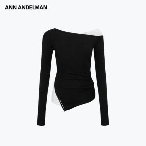 ANN ANDELMAN | Asymmetric One-shoulder Color Block False Layer Slim Fit Long Sleeve T-shirt