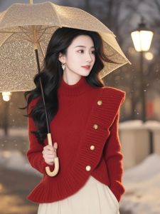 Christmas Theme Thickened High Collar Red Knitted Sweater for Women Winter Season Fashionable Base Layer Top Commute Style