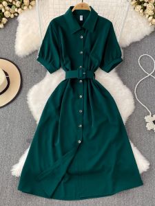 Summer Korean Style Gentle Vintage Short Sleeve Turn-down Collar Waist-cinching Slimming Single Button A-line Shirt Dress Women