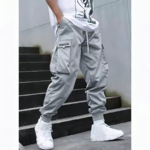 2025 Fashion mens casual Pants multi-pocket youth trend loose and drawstring work pants