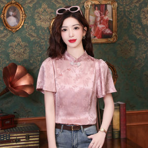 Áo Sơ Mi Tay Ngắn Phong Cách Trung Hoa Mới Cho Nữ Mùa Hè 2025 Áo Thun Họa Tiết Hoa Cổ Đứng Tay Bồng Thường Ngày Chất Liệu Khác