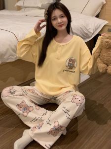 German Velvet Womens Sleepwear Set Cute Cartoon Bear Print Fleece Lined Casual Home Clothes Long Sleeve V-Neck Pullover
