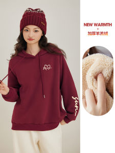 Red Fleece Lined Thickened Hoodie Womens Autumn Winter Loose Small Size Sheepskin Velvet Top Korean Style Commute