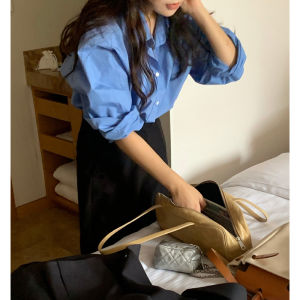 Blue Cotton Casual Loose Womens Shirt Korean Style Spring New Layering Boyfriend Style Pure Color Button up Long Sleeve Polo Collar