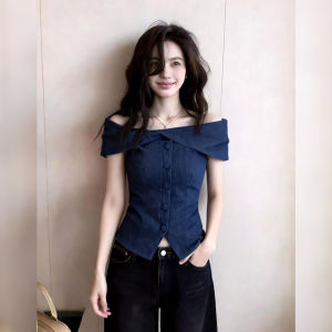 Off-shoulder Slim-fit Waist-cinching T-Shirt Blue