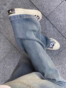 Quần Jeans Denim Cạp Cao Phong Cách Retro Cho Nữ Mùa Xuân Quần Ống Rộng Lưng Thun Cỡ Lớn Quần Jeans Denim Ôm Dáng