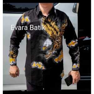 Kemeja Batik Hitam motif elang kuning pria lengan panjang slimfit katun premium lapis puring