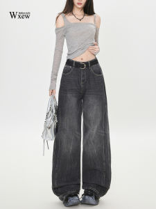 Retro American Grey Black Wide Leg Jeans Womens Loose Design Sensation Niche Floor-Length Pants High Waist Denim Trousers