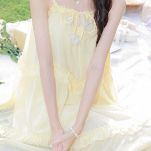 Huaqizhu Original Summer Vitality Girl Dopaamine Energy Series Escape Vacation Loose Strap Dress Beach Yellow Long Sleeveless A-Line Skirt