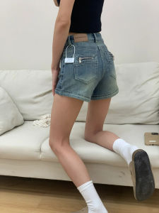 Retro American Spicy Girl Denim Shorts Womens Summer New High Waist Elastic Slim Straight A-Line Hot Pants Cotton Stretch Denim
