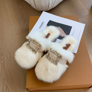 Real Rabbit Fur Baotou Chunky Heel Fur Shoes Female Outwear 2024 Winter New Arrival Best Selling Woolen Slipper K-style Fashion Cotton Slippers