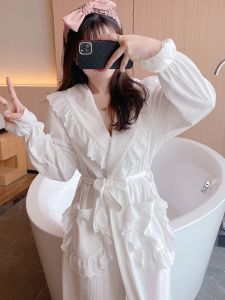 ชุดนอนผู้หญิงผ้าฝ้ายแท้ฤดูใบไม้ร่วงและฤดูหนาว เสื้อคลุมน้ำตัวยาว เสื้อคลุมเช้า ชุดนอนสำหรับเจ้าสาว ชุดนอนผ้าฝ้ายแท้สีขาว