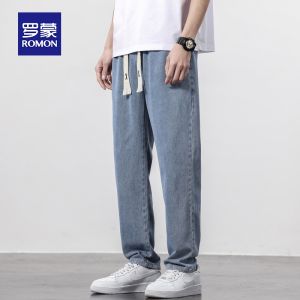 ROMON | Romon Mens Summer Thin Straight Leg Jeans Casual Loose Fit Light Blue Long Trousers Youthful Style Cotton Polyester Blend