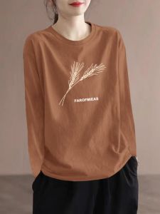 Elegant Large Size Womens T-shirt round Neck Long Sleeve Spring Autumn Print Cotton Commute Style for All Body Types