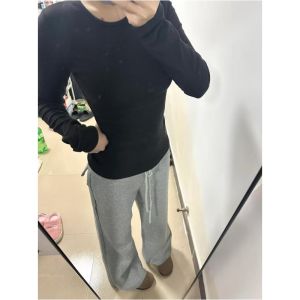 High Waist Wide Leg Straight Cut Casual Pants Womens Extended Length Drawstring Sporty Loose Fitting Trousers