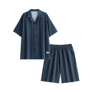 yuenei | Áo ngủ nam mùa hè cotton nguyên chất tay ngắn quần short mặc nhà thời trang thường ngày sọc mỏng có thể mặc ngoài trời